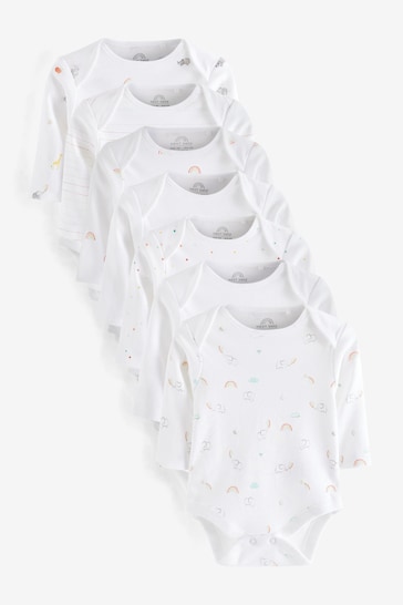 White Bright Animal 7 Pack Baby Printed Long Sleeve Bodysuits