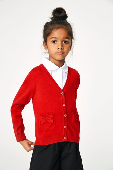 Red Cotton Rich Bow Pocket School Cardigan (3-16yrs)