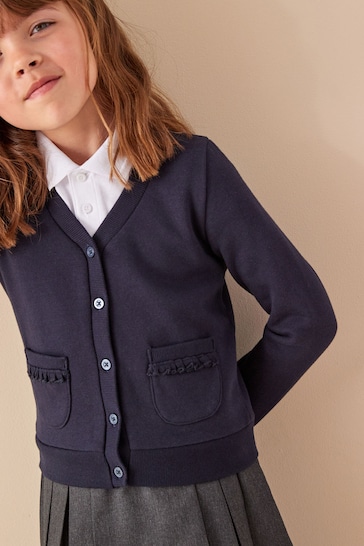 Navy Blue Cotton Rich Frill Pocket Jersey School Cardigan (3-16yrs)