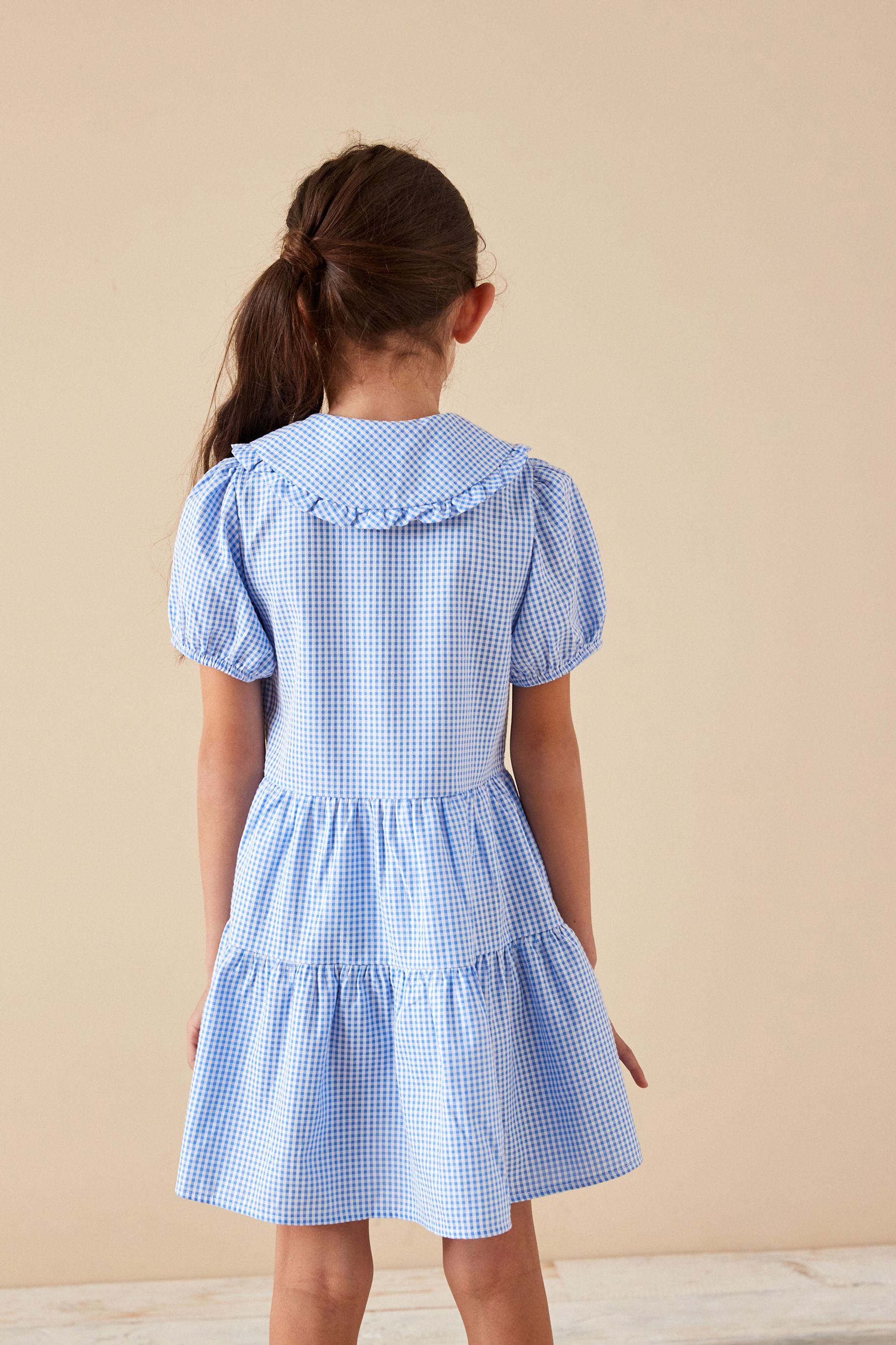 Blue Cotton Rich School Gingham Tiered Pretty Collar Dress 3 14yrs
