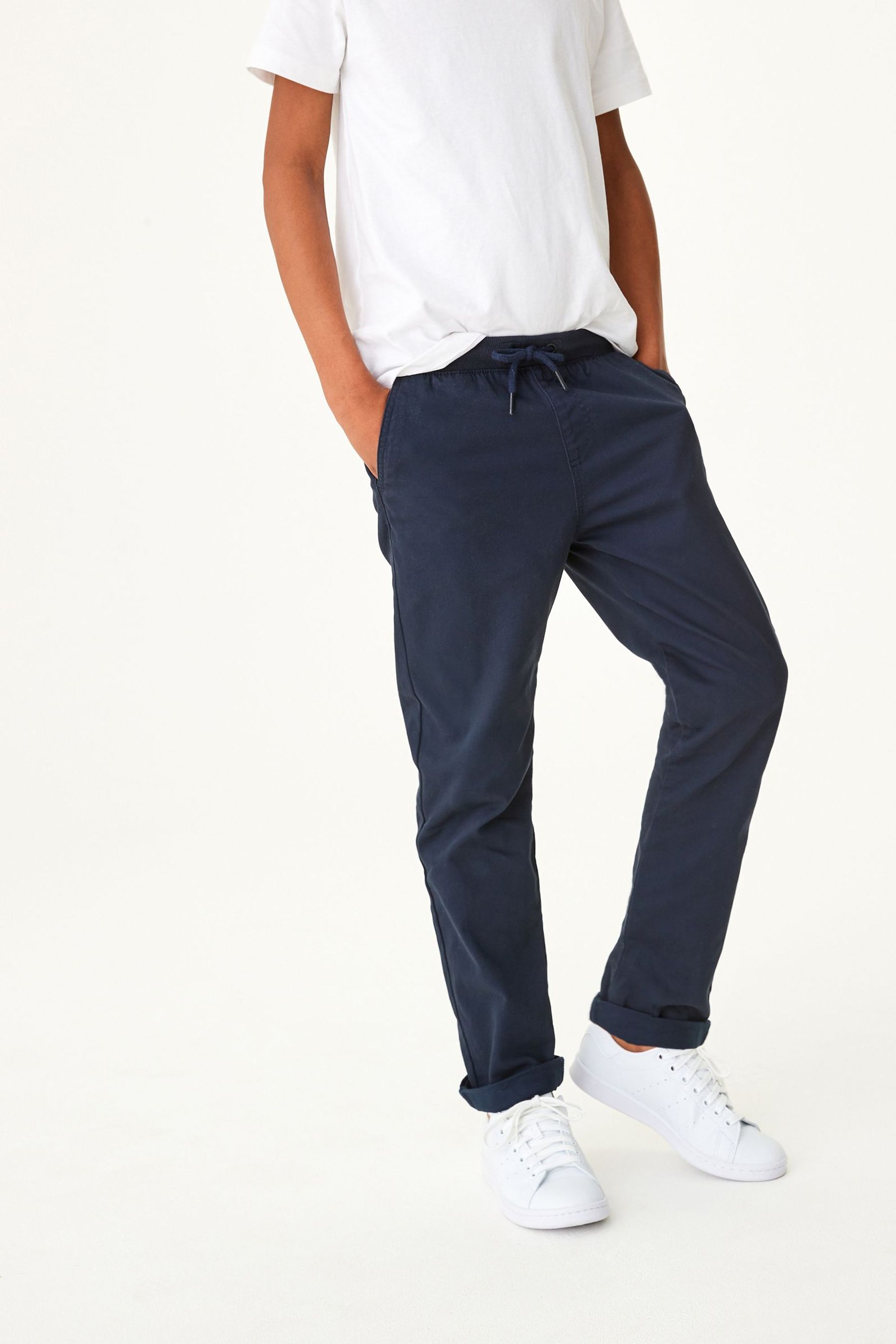 Navy blue pull on trousers on sale