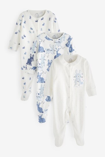 Blue Bunny 3 Pack Embroidered Baby Sleepsuits (0-2yrs)