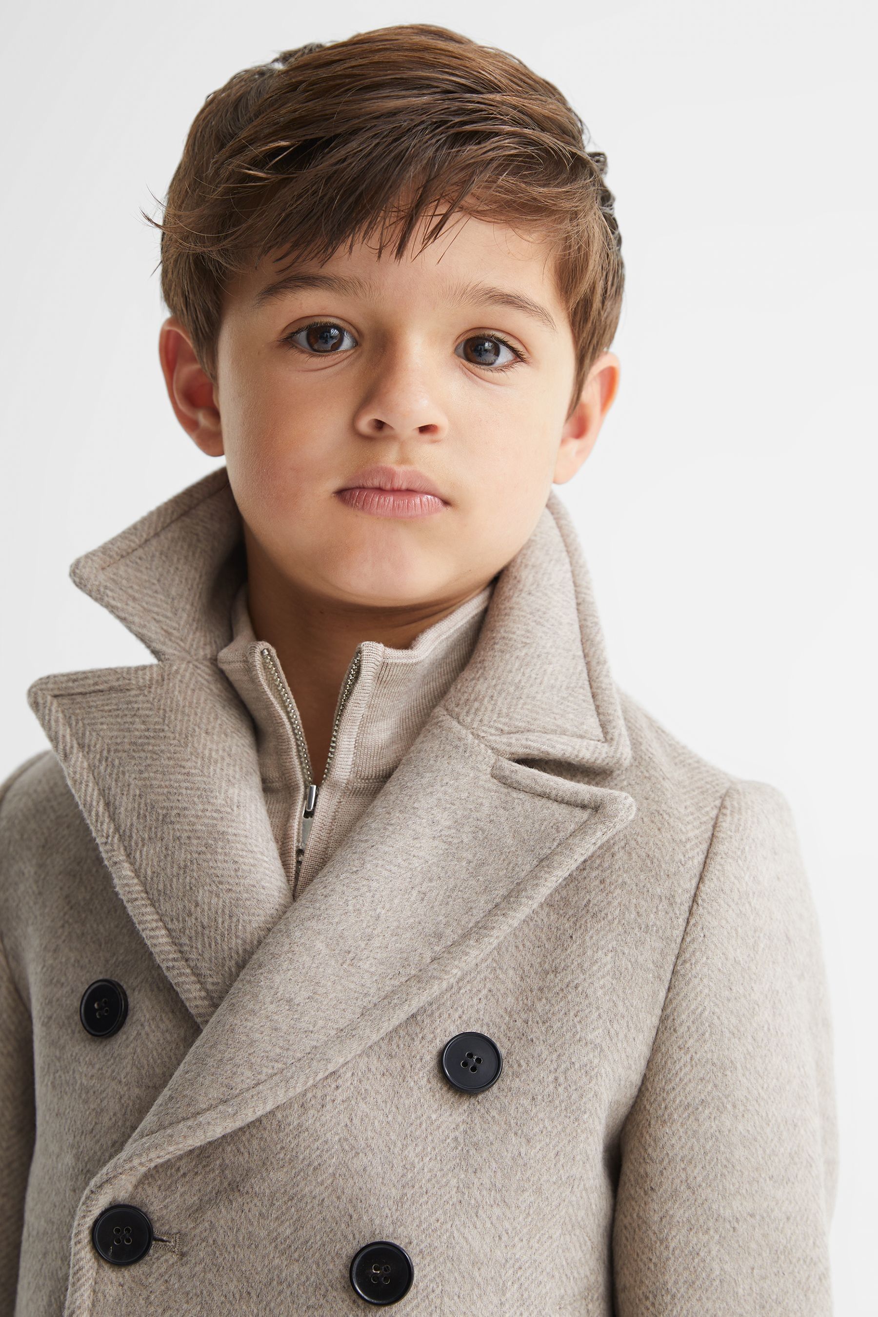 Reiss Oatmeal Bergamo Junior Wool Blend Herringbone Peacoat