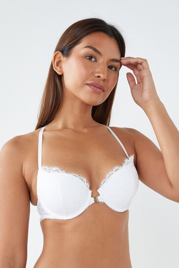 White Push Up Pad Plunge Triple Boost Front Fastening Lace Bra