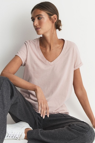 Reiss Light Pink Luana Cotton Jersey V-Neck T-Shirt