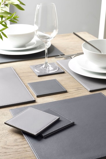 Set of 4 Charcoal/Grey Reversible Faux Leather Placemats and Coasters Set