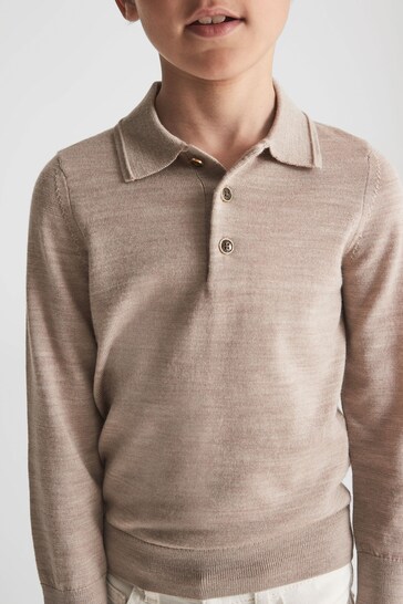 Reiss Wheat Melange Trafford Junior Merino Wool Polo Shirt