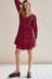 Red Feather Print Long Sleeve Mini V-Neck Dress