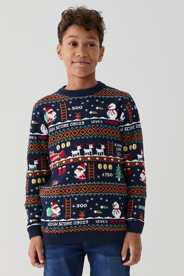 Navy Blue Gaming Santa Boys Knitted Christmas Jumper (3-16yrs)