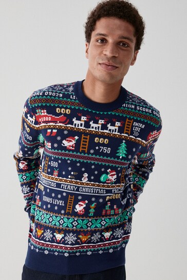 Navy Blue Arcade Game Mens Knitted Christmas Jumper