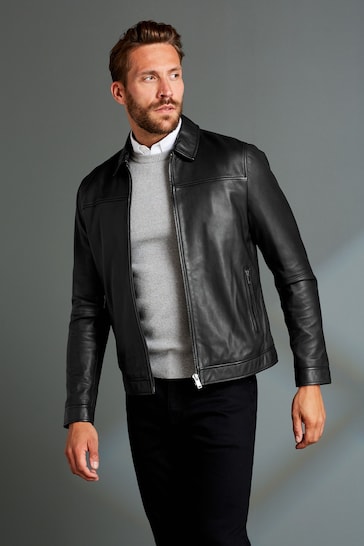Buy Black Signature Leather Collared Jacket from the Next UK online shop