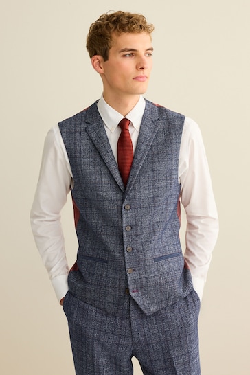 Navy Blue Slim Fit Trimmed Check Waistcoat