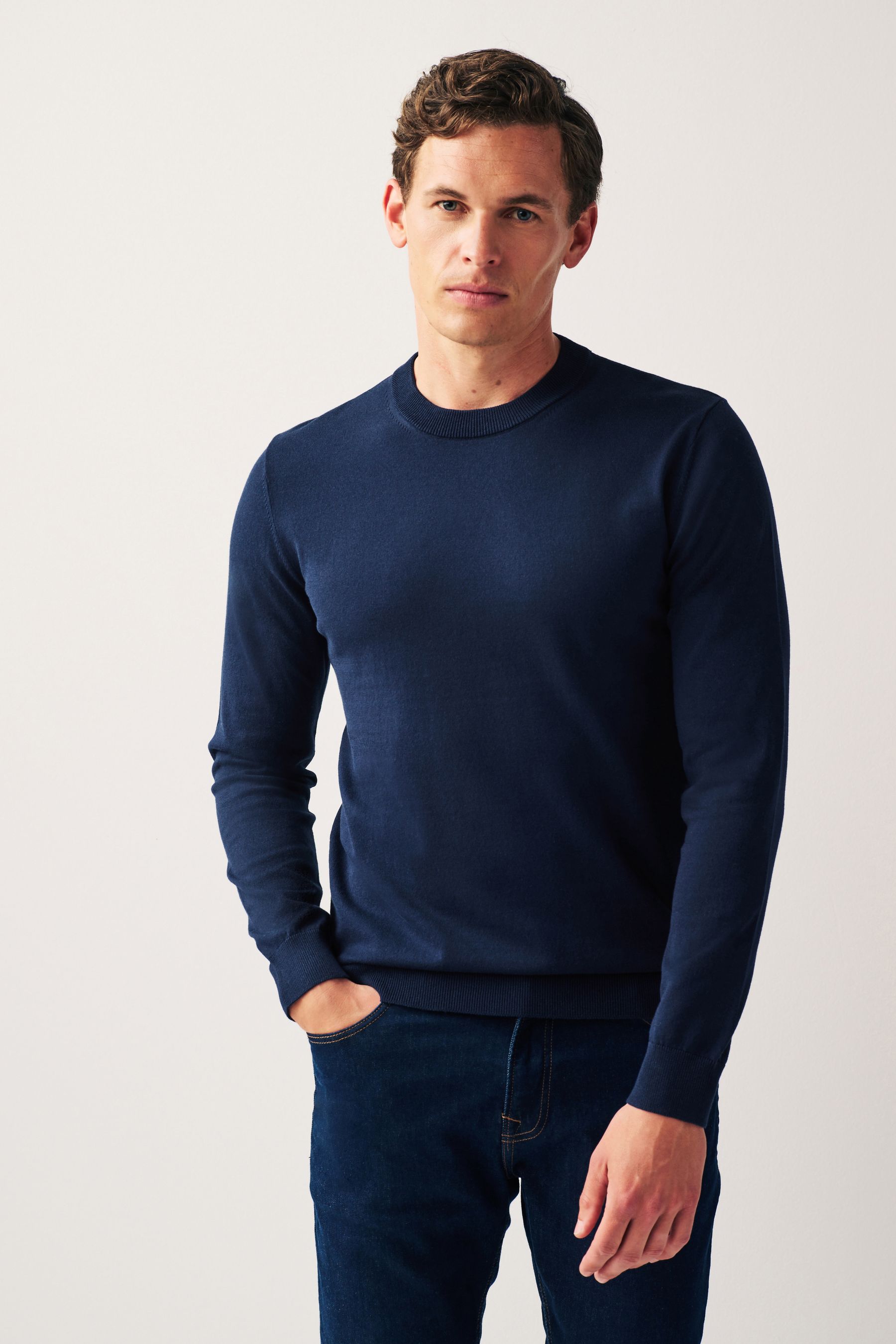 Buy Navy Crew Neck Regular Cotton Rich Knitted Crew Neck Jumper from ...