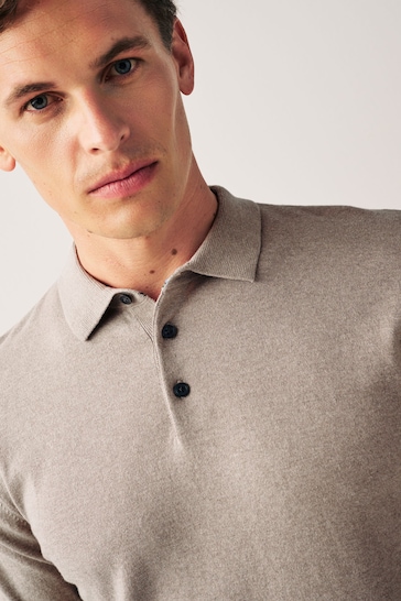 Neutral Regular Knitted Long Sleeve Polo Shirt
