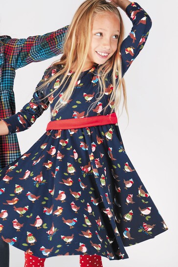 Frugi Blue Christmas Robin Party Skater Dress With Detachable Box Detail