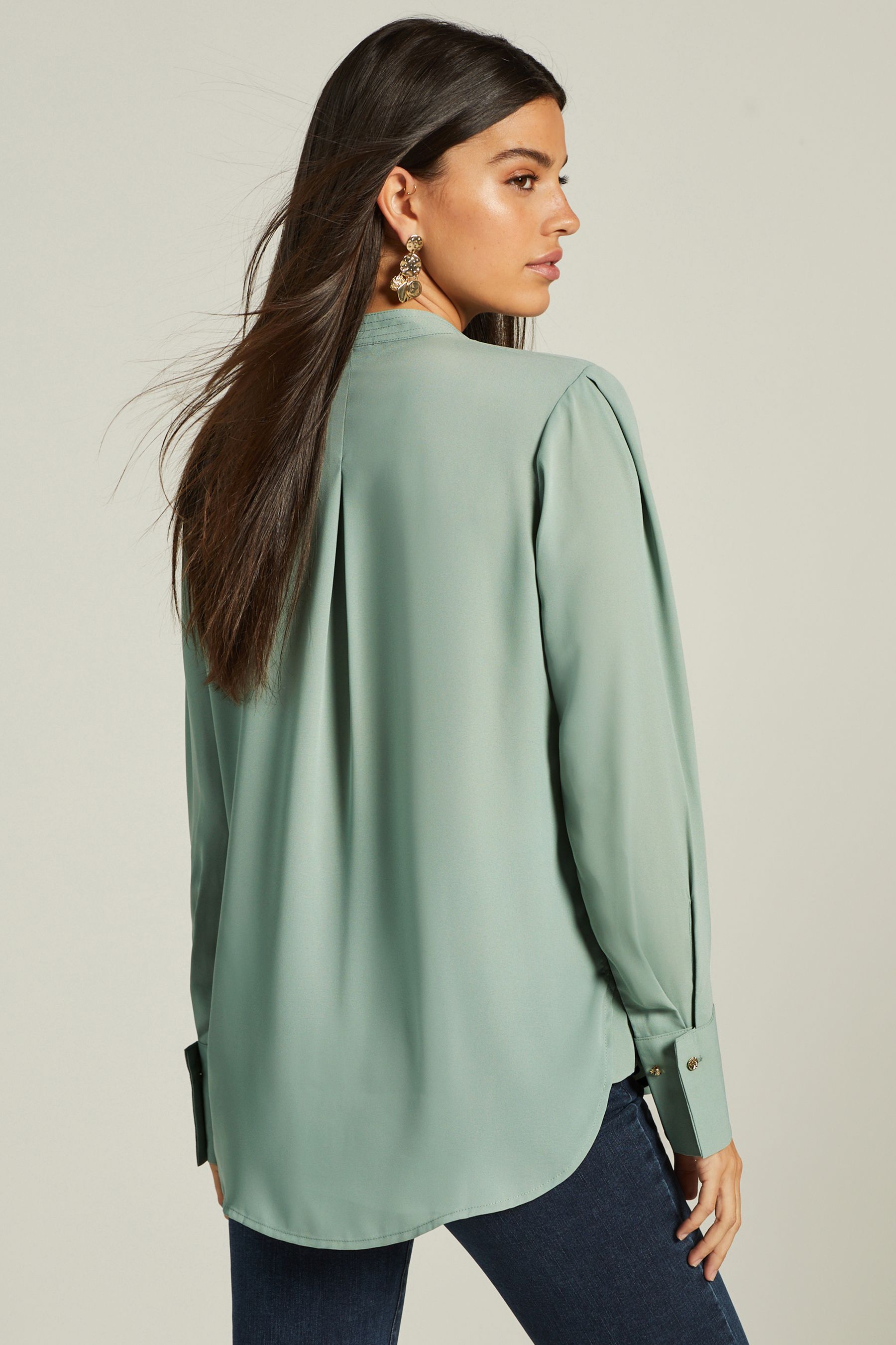 Buy Sage Green Long Sleeve Overhead V-Neck Relaxed Fit Blouse from the ...