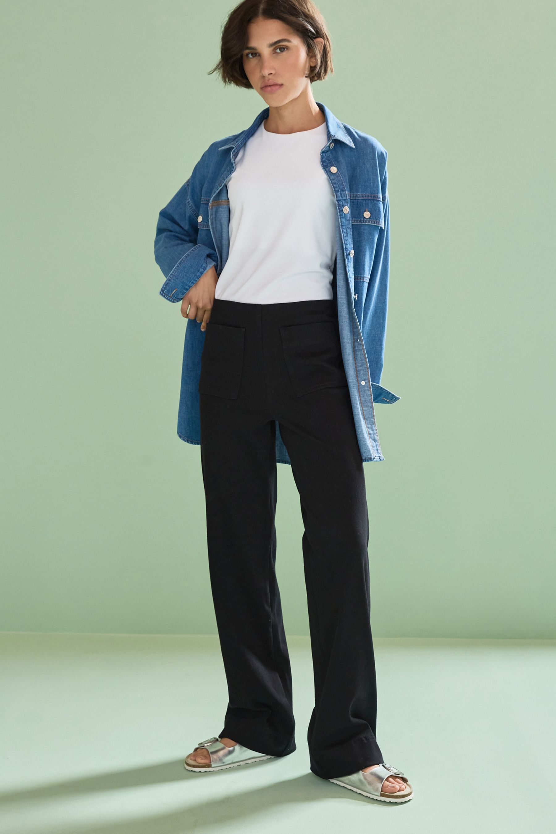 Black Jersey Denim Wide Leg Trousers