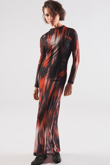 Red and Black Smudge Print Long Sleeve Mesh Midi Dress