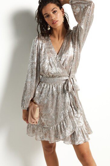 Silver / Pink Long Sleeve Metallic Wrap Mini Dress