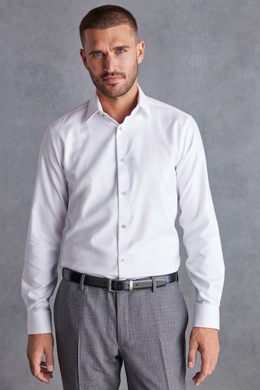 White Herringbone Signature Trimmed Single Cuff Shirt