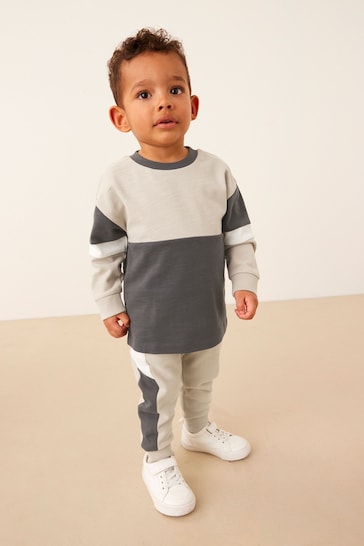 Charcoal Grey Monochrome Long Sleeve Cosy Colourblock T-Shirt and Joggers Set (3mths-7yrs)