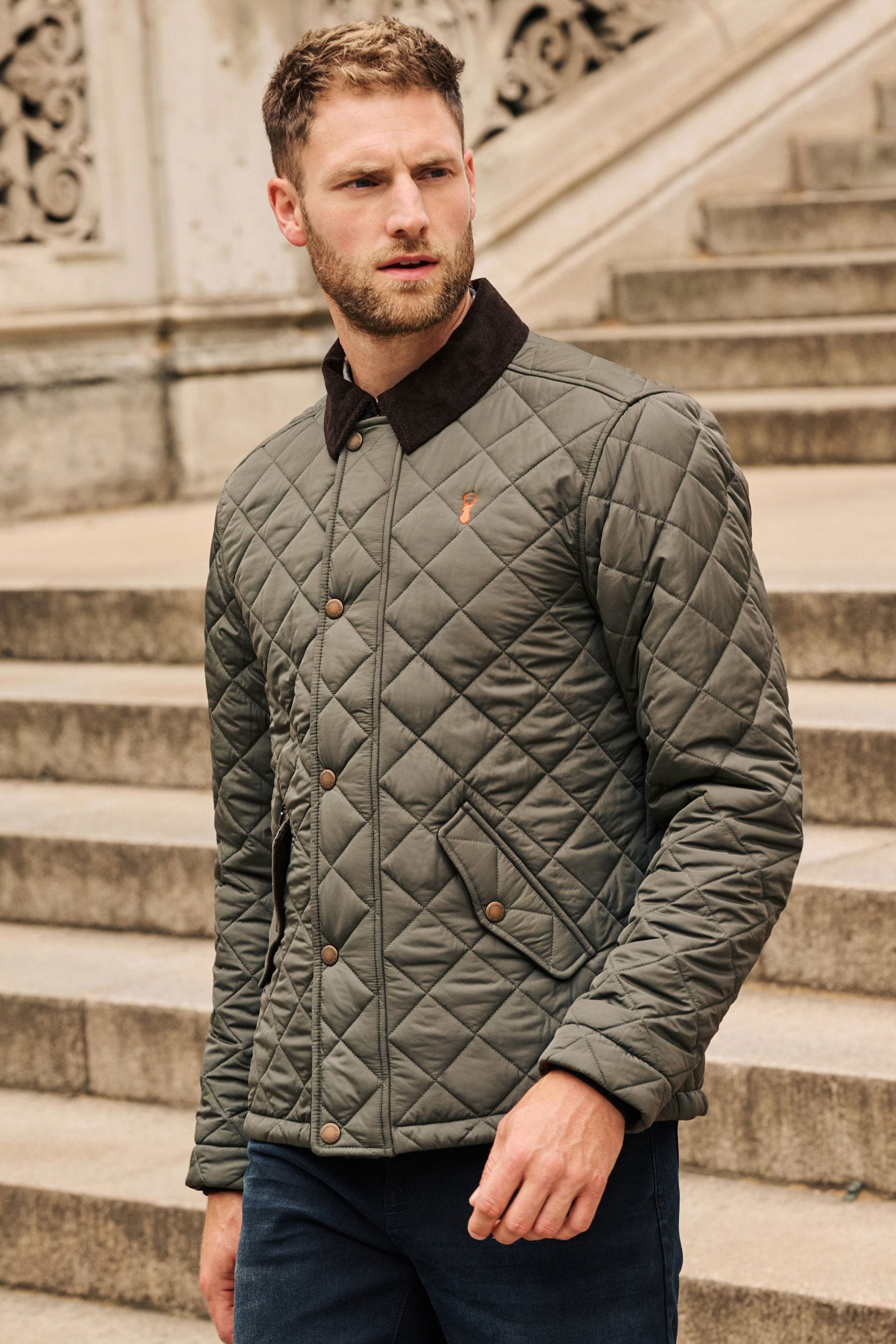 Buy Khaki Green Diamond Quilt Corduroy Collared Jacket from the
