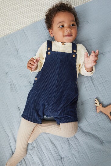 Navy Blue Baby Smart Dungarees And Woven Collar Bodysuit 3 Piece Set (0mths-2yrs)