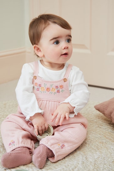 Pale Pink Baby Woven Dungarees and Bodysuit Set (0mths-2yrs)