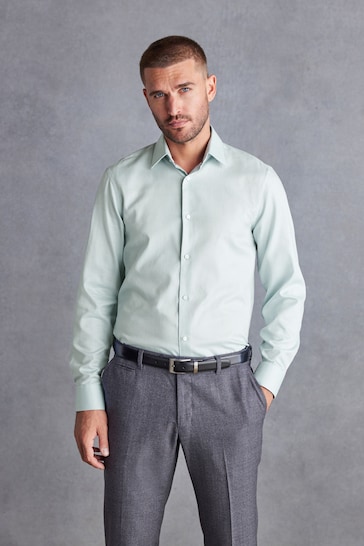 Sage Green Regular Fit Signature Textured Single Cuff Shirt With Trim Detail