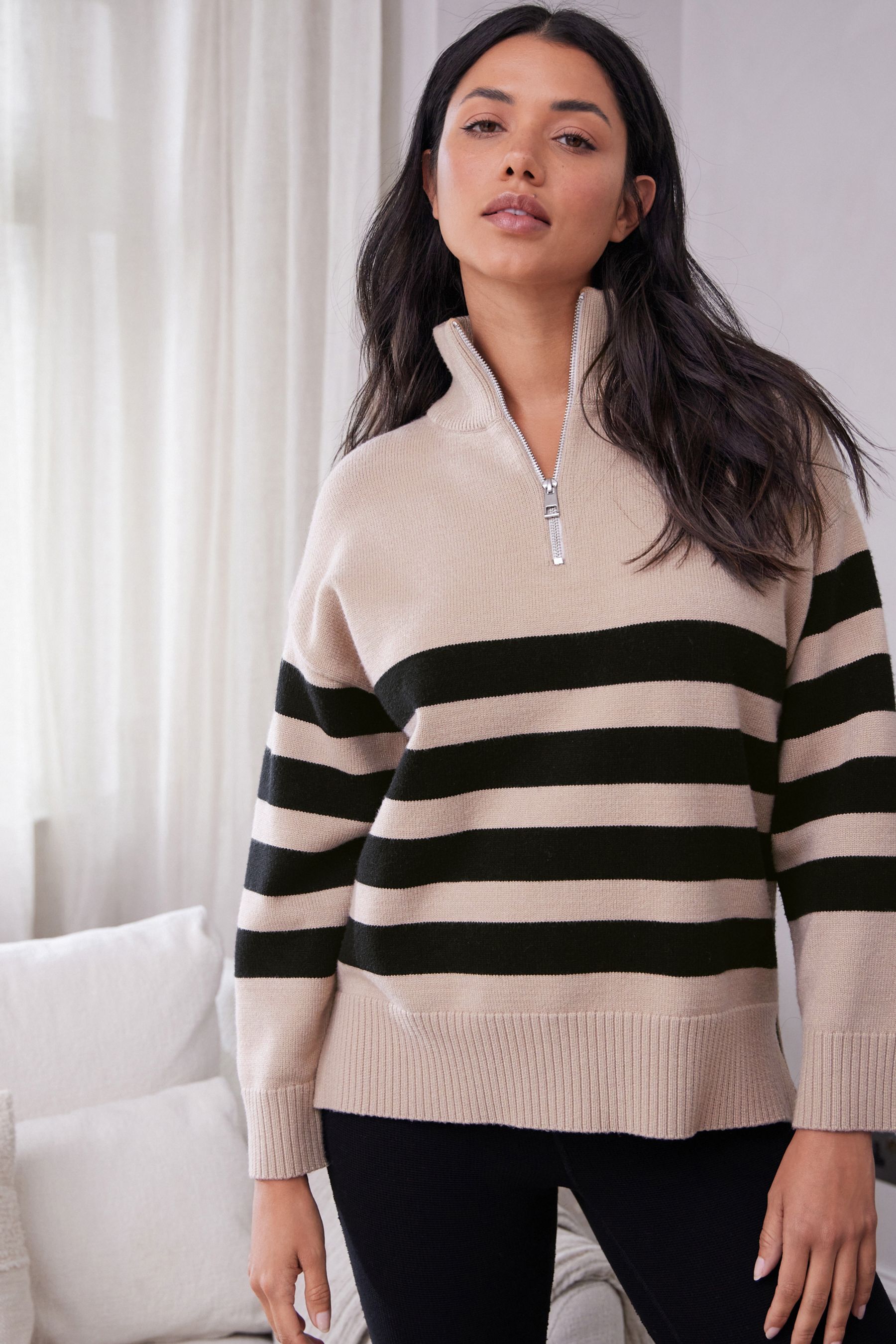 Buy Beige Stripe Half Zip Knit Stripe Jumper from the Next UK online shop