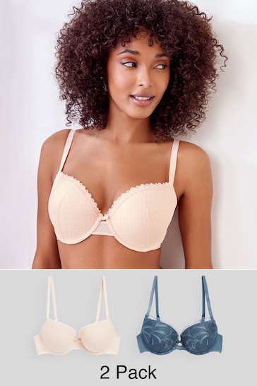 Blue/Nude Pad Balcony Embroidered Bras 2 Pack