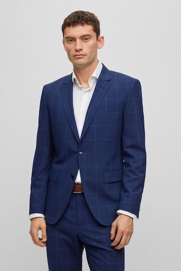 BOSS Blue Checked Slim Fit Jacket in Stretch Cloth