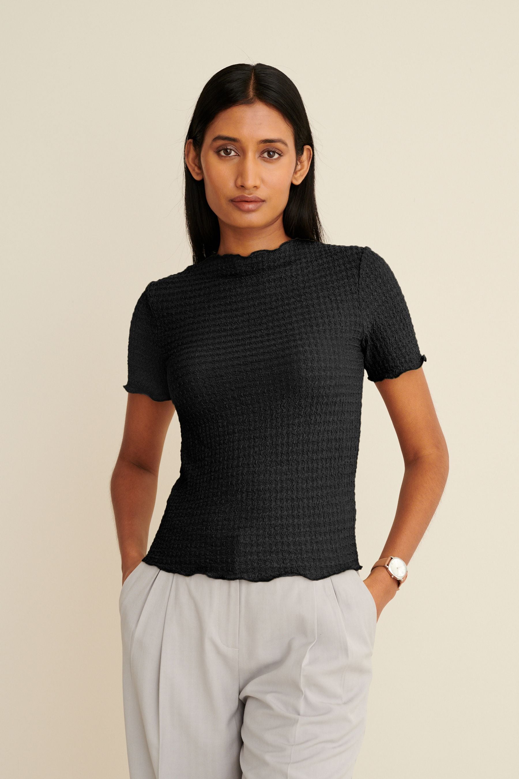 Lettuce edge mock neck sale top