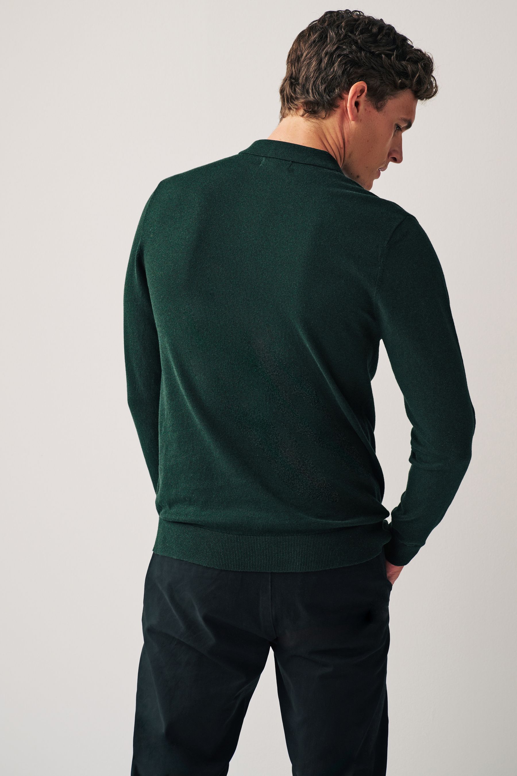 Buy Dark Green Regular Knitted Long Sleeve Polo Shirt from Next Ireland