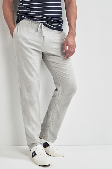 Light Grey Linen Blend Drawstring Trousers