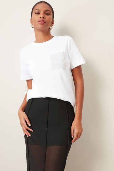 White Short Sleeve Embellished Pocket T-Shirt
