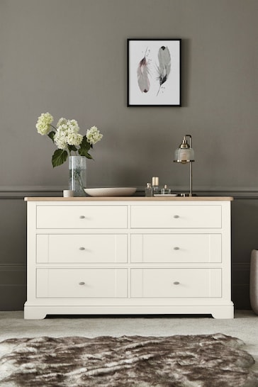 Chalk White Hampton Painted Oak Collection Luxe 6 Drawer Wide Chest of Drawers