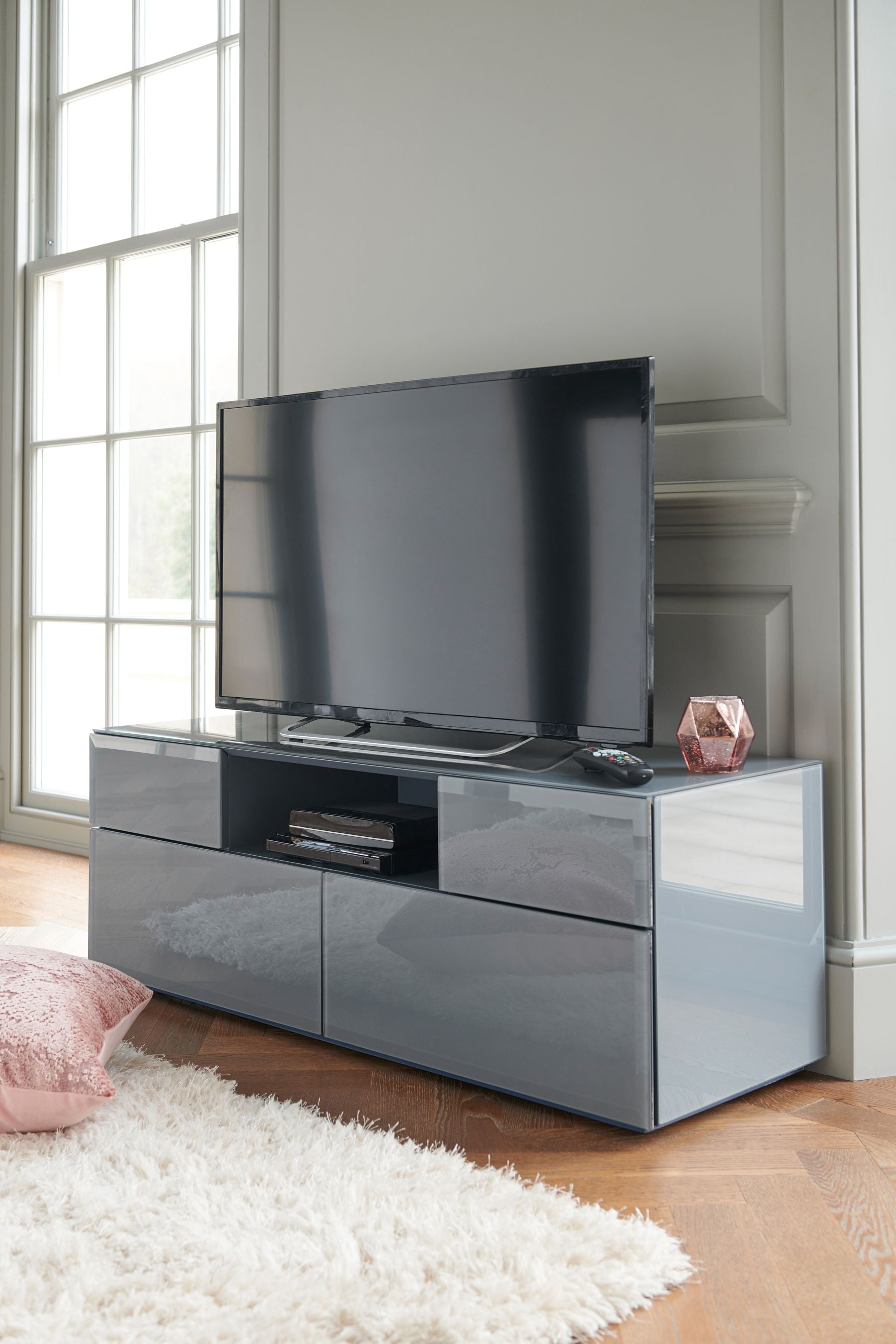 Grey glass shop tv stand