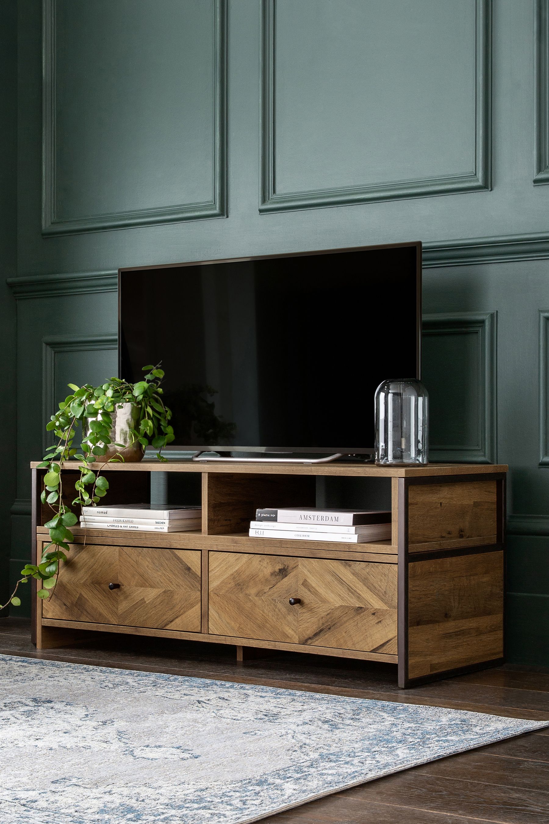 Dark Bronx Chevron Oak Effect Extending TV Unit Up to 70 Inch