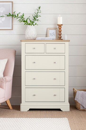Chalk White Hampton Painted Oak Collection Luxe 5 Drawer Tall Chest of Drawers
