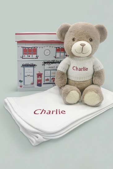 Personalised Christmas Frankie Bear Soft Toy and Snuggle Wrap