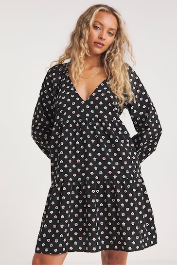 Simply Be Floral Tiered Smock Black Dress