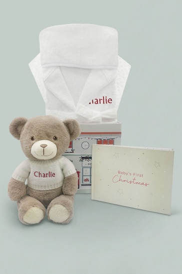 Personalised Baby's First Christmas Frankie Bear with Bathrobe and Book Set