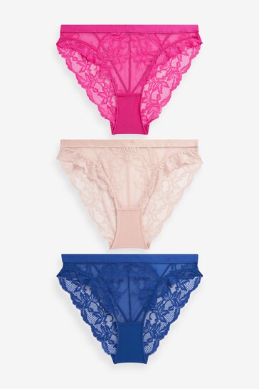 Cobalt Blue/Bright Pink/Blush Pink High Leg Lace Knickers 3 Pack