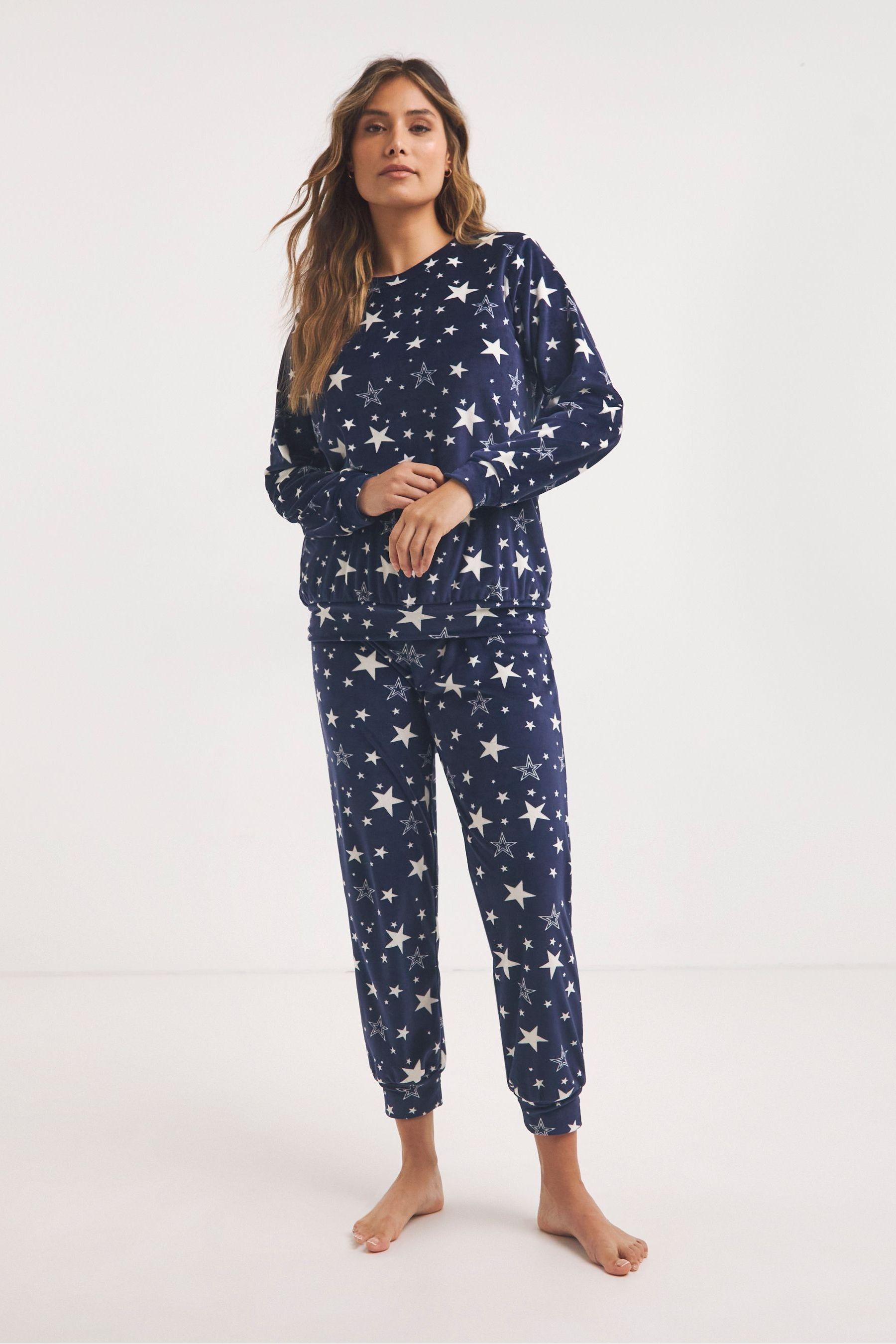 Simply Be Blue Pretty Secrets Star Print Fleece Twosie Pyjamas