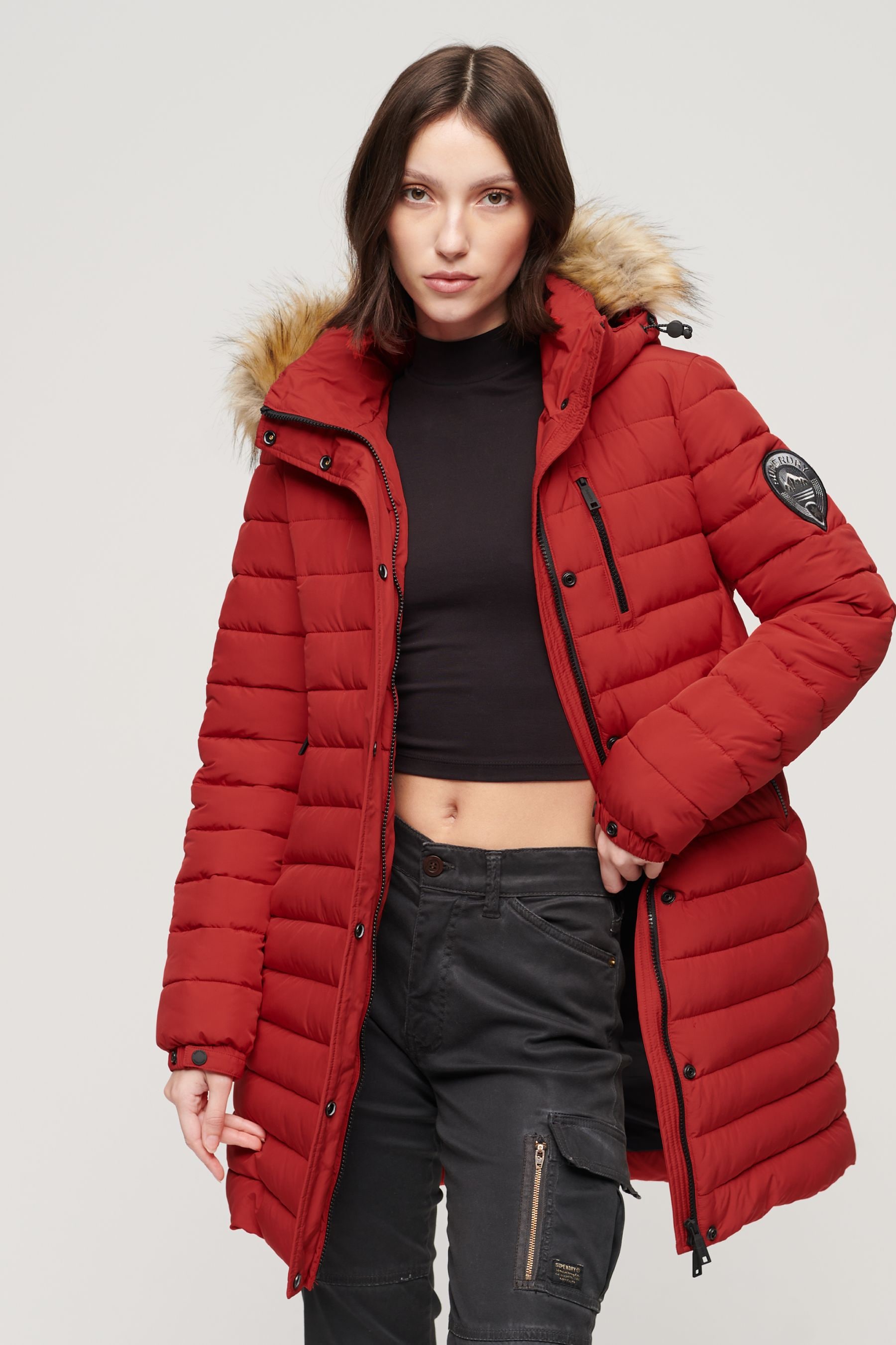Long red discount puffer coat