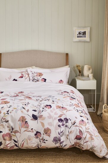 Pink/Cream Floral Oxford Edge Reversible 100% Cotton Duvet Cover and Pillowcase Set