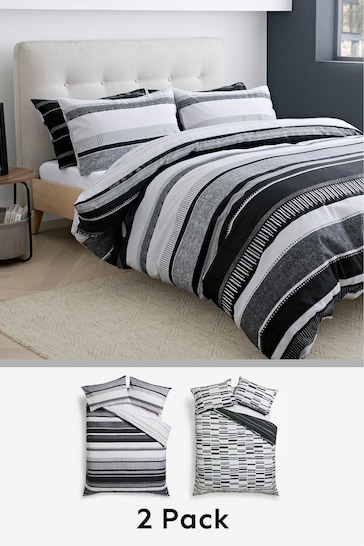 2 Pack Monochrome Stripe Reversible Duvet Cover and Pillowcase Set