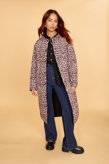 Another Sunday Reversible Longline Padded Coat In Leopard Print And Black