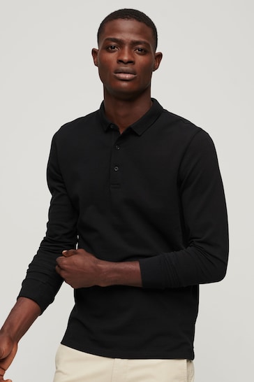 Superdry Black Long Sleeve Cotton Pique Polo Shirt
